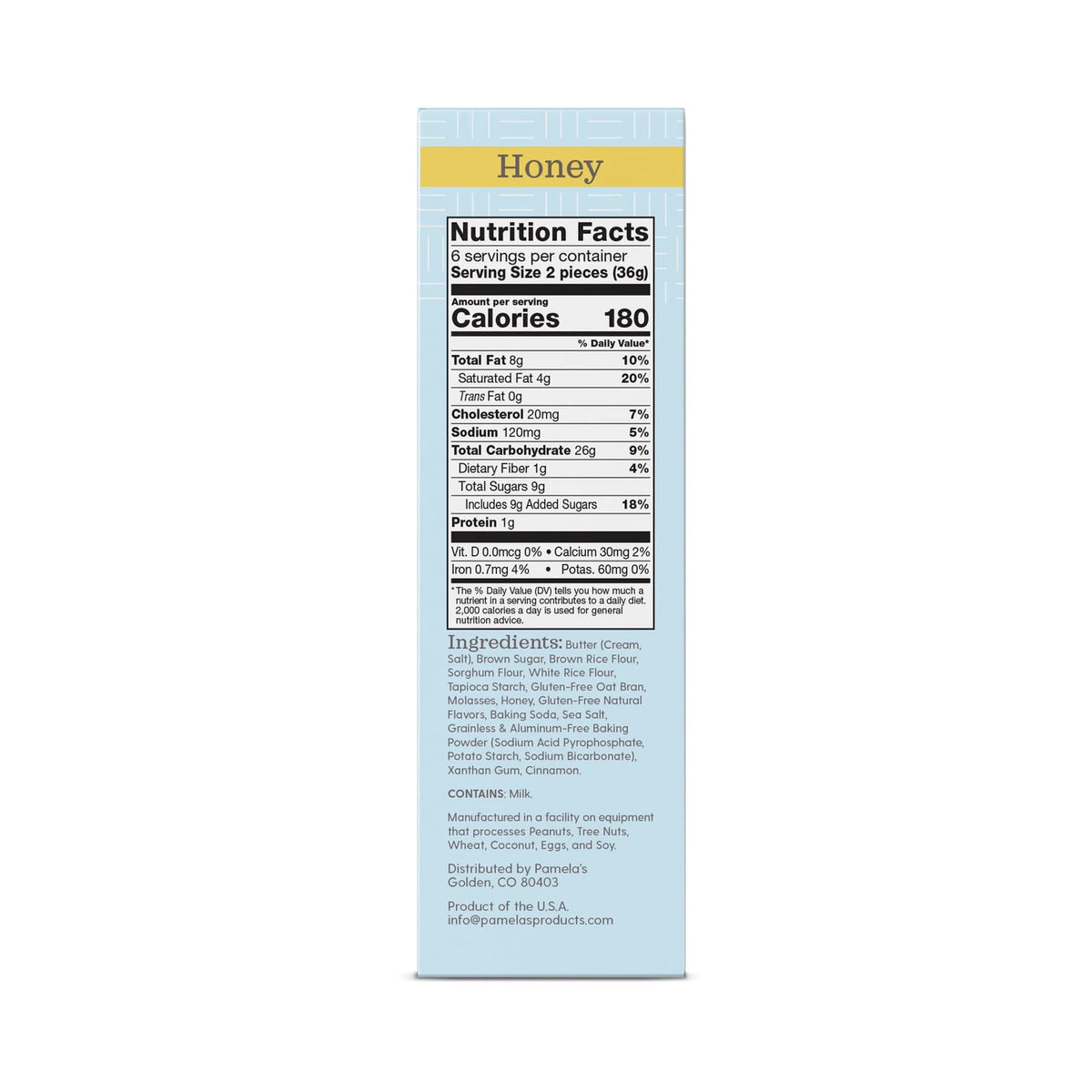 Closeup of Pamela's packaging design and natural ingredients.