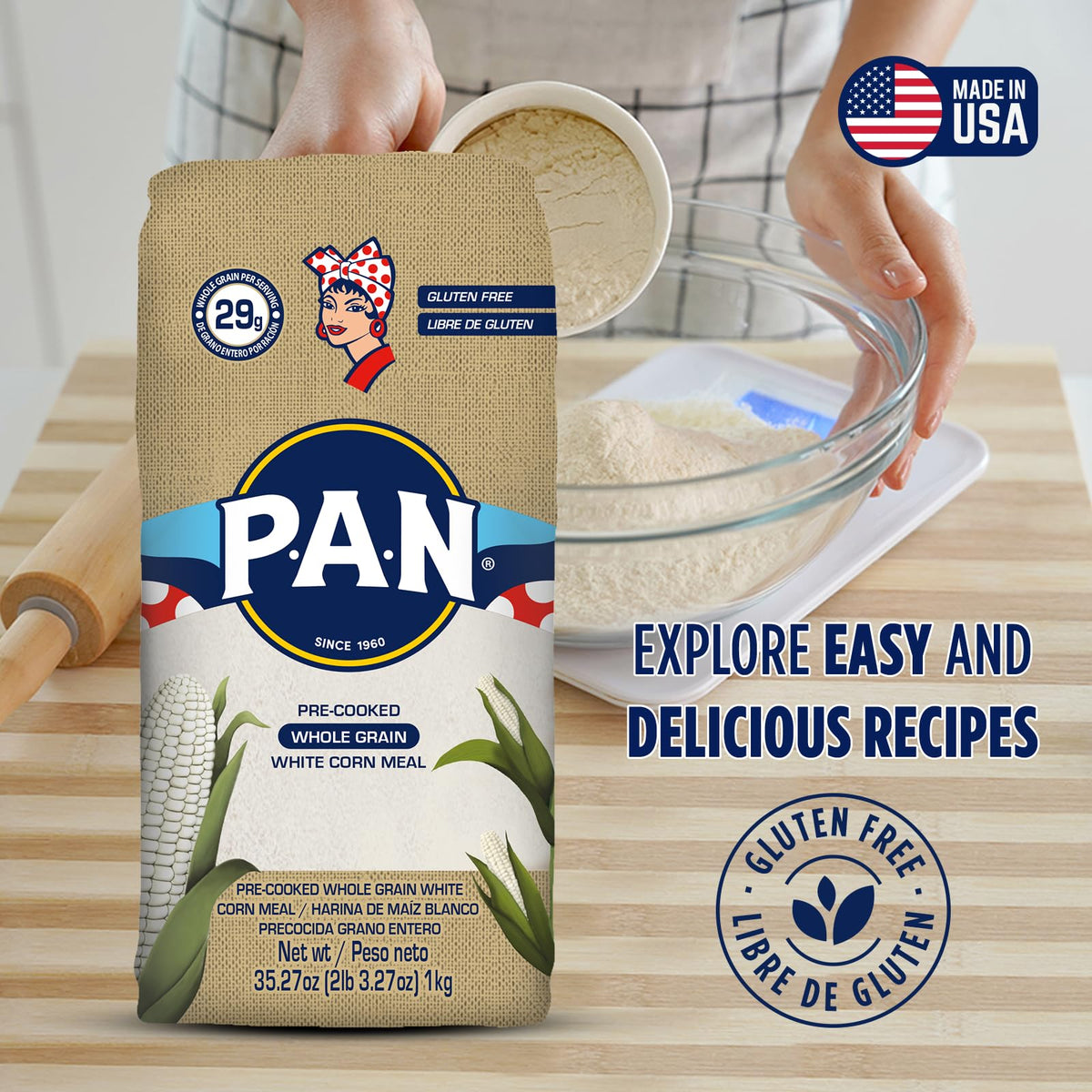 PAN arepa dough prepared with whole grain corn meal