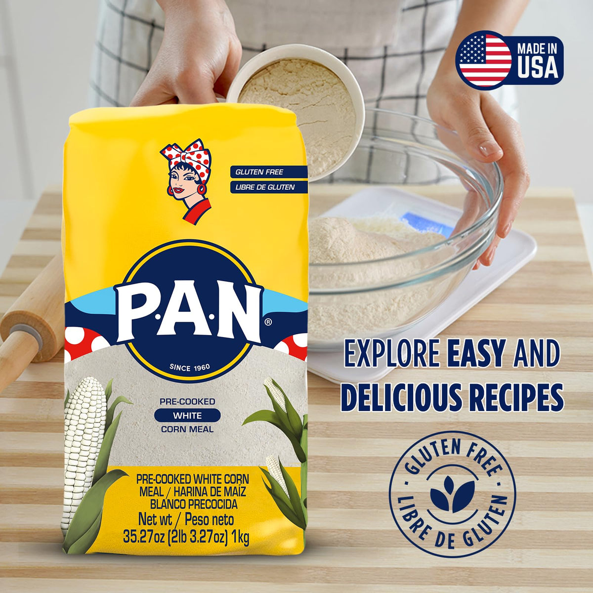 Shaped P.A.N. dough forming a round arepa ready to cook.