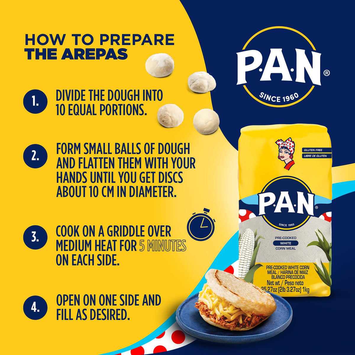 Arepa filled with cheese, illustrating versatile serving ideas with P.A.N.