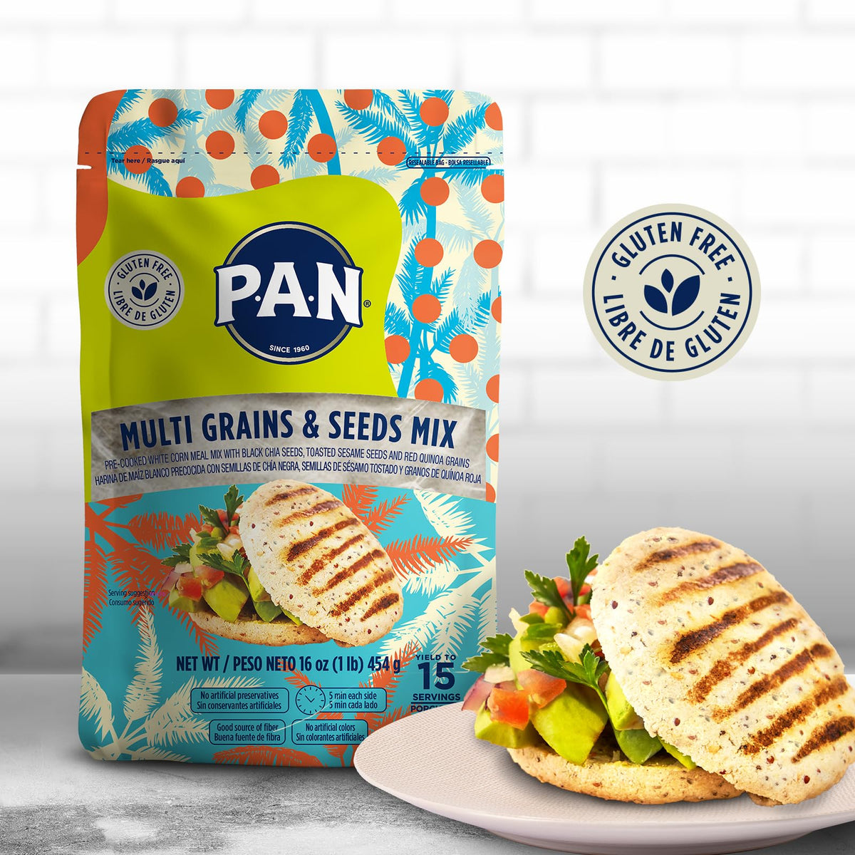 P.A.N. arepa-ready mix on kitchen counter beside a skillet