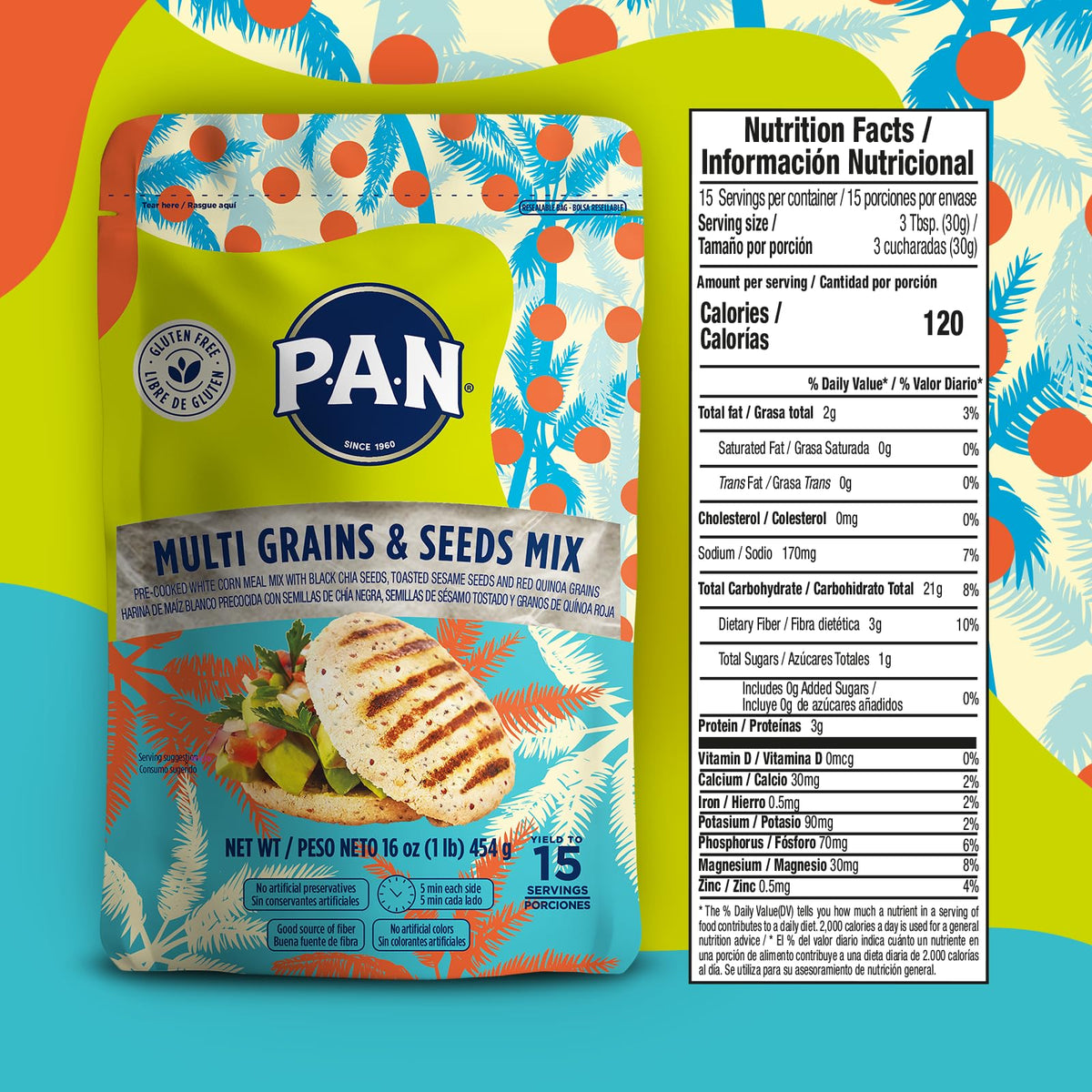 P.A.N. chia seeds visible in mix, adding texture and nutrition