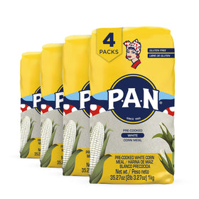 P.A.N. white corn meal packaging displayed in a bright kitchen, ready for quick meals.