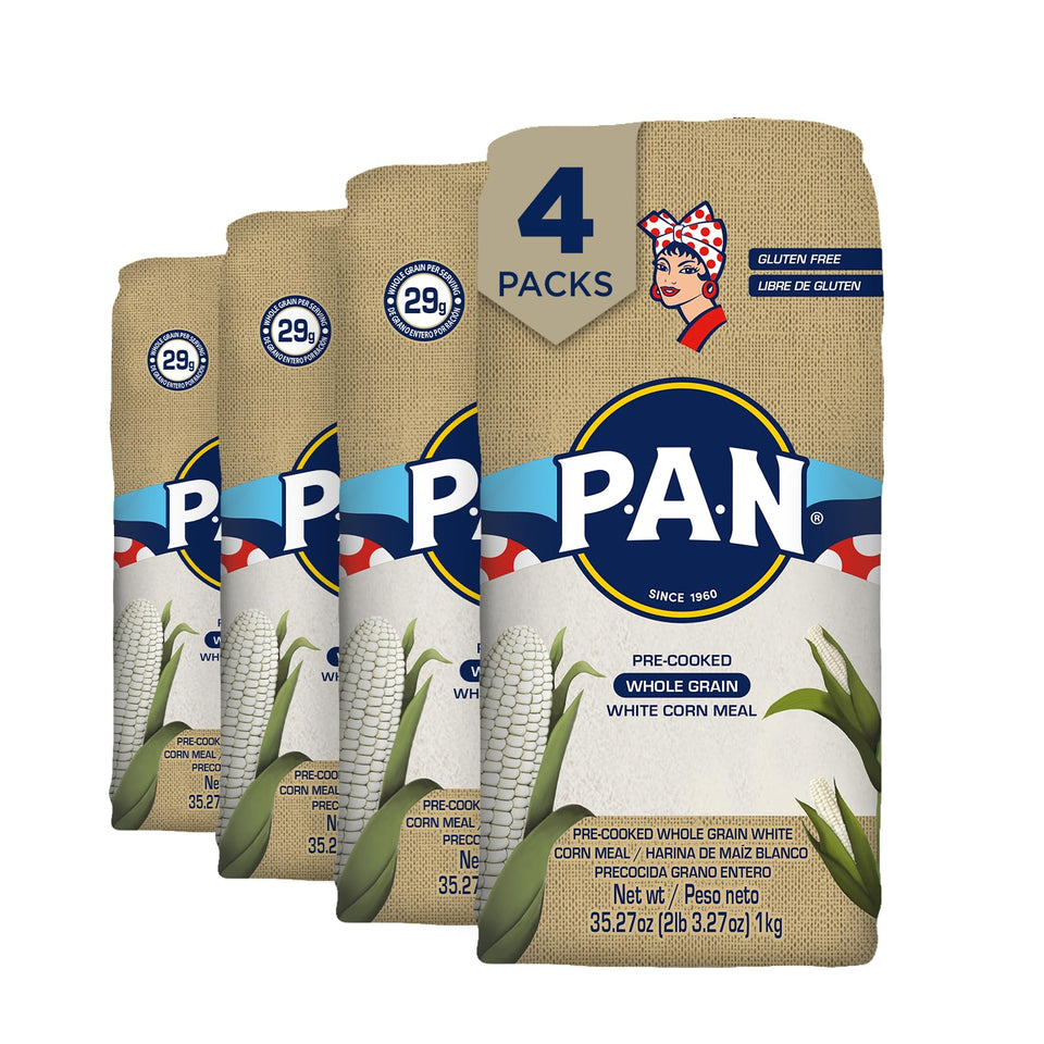 PAN four-pack whole grain corn meal on shelf for quick arepas