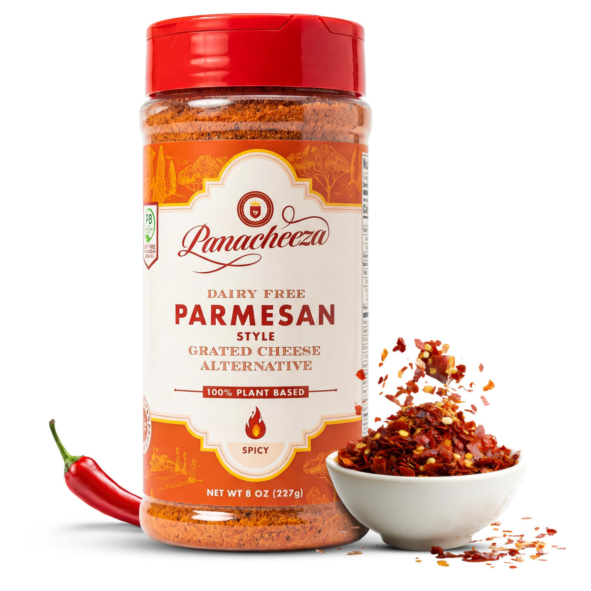 Panacheeza Hot & Spicy Parmesan grated topping for dairy-free flavor boost.