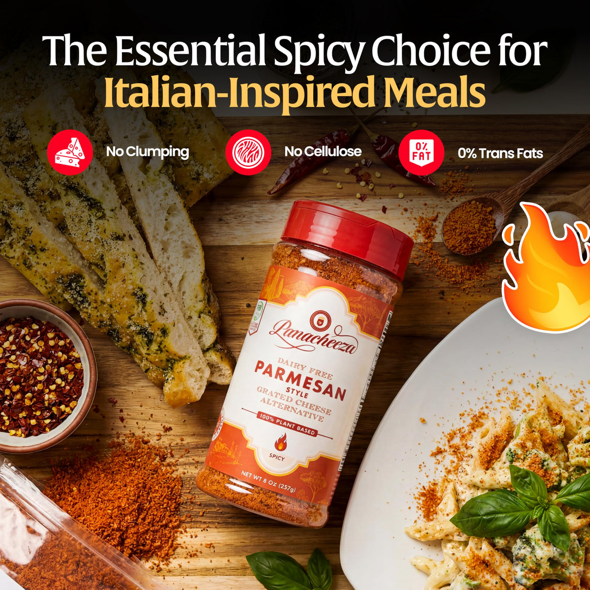 Panacheeza Hot & Spicy Parmesan on pasta dish shows bold dairy-free savor.