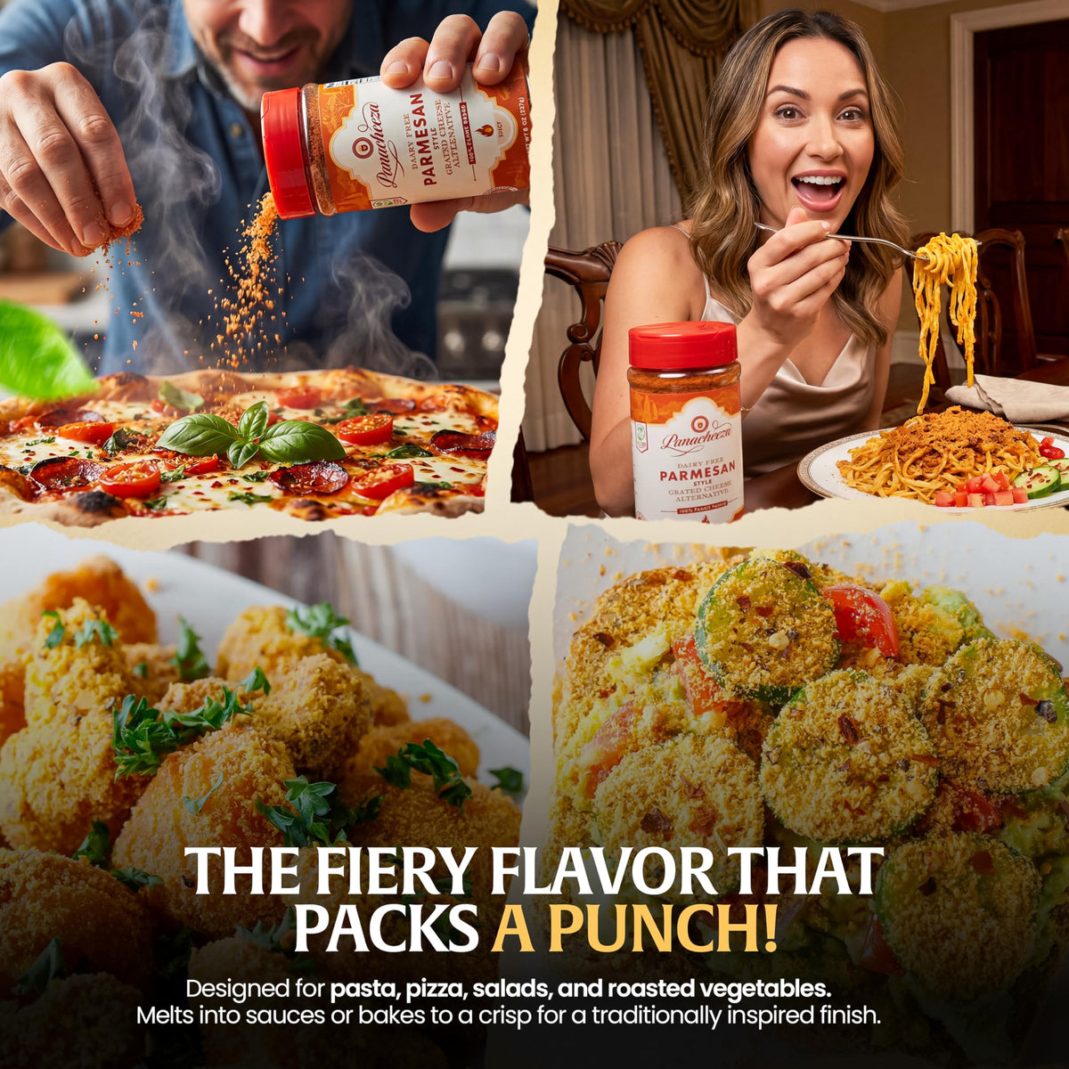 Panacheeza Hot & Spicy Parmesan on roasted vegetables deepens flavor.