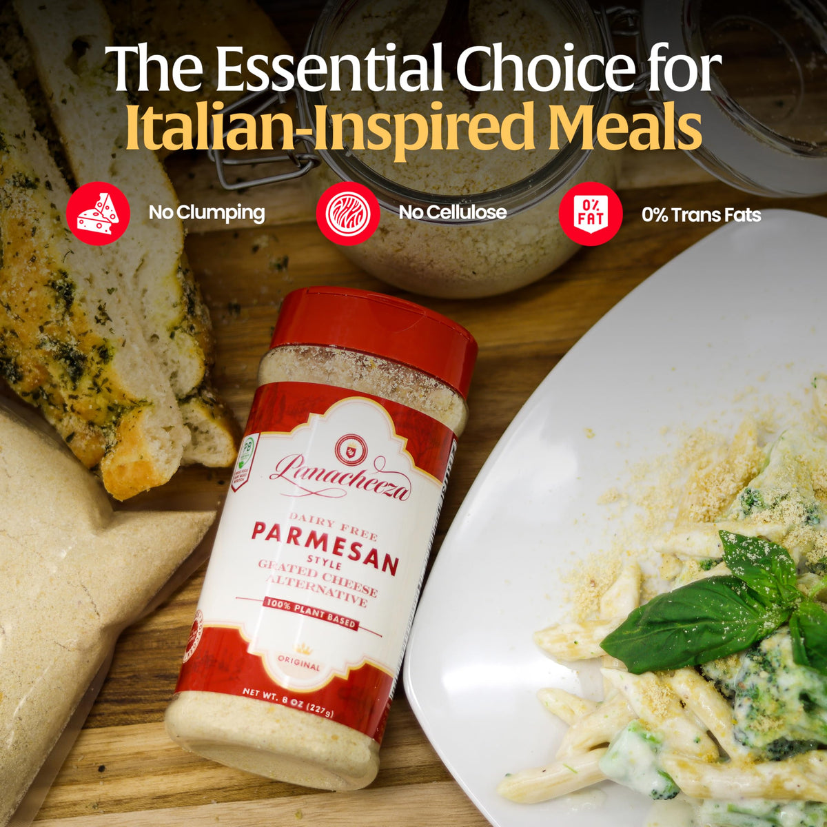 Close-up of Panacheeza parmesan texture, perfect for sprinkling on pizzas and pastas