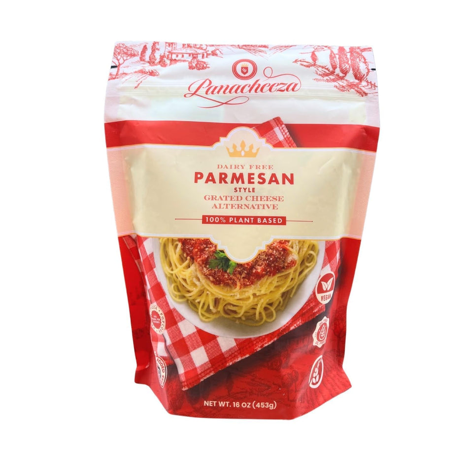Panacheeza plant-based parmesan grated on pasta for a dairy-free savory boost