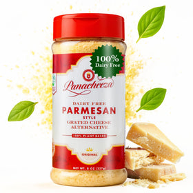 Panacheeza plant-based parmesan grated in a resealable pack for quick, savory pasta topping