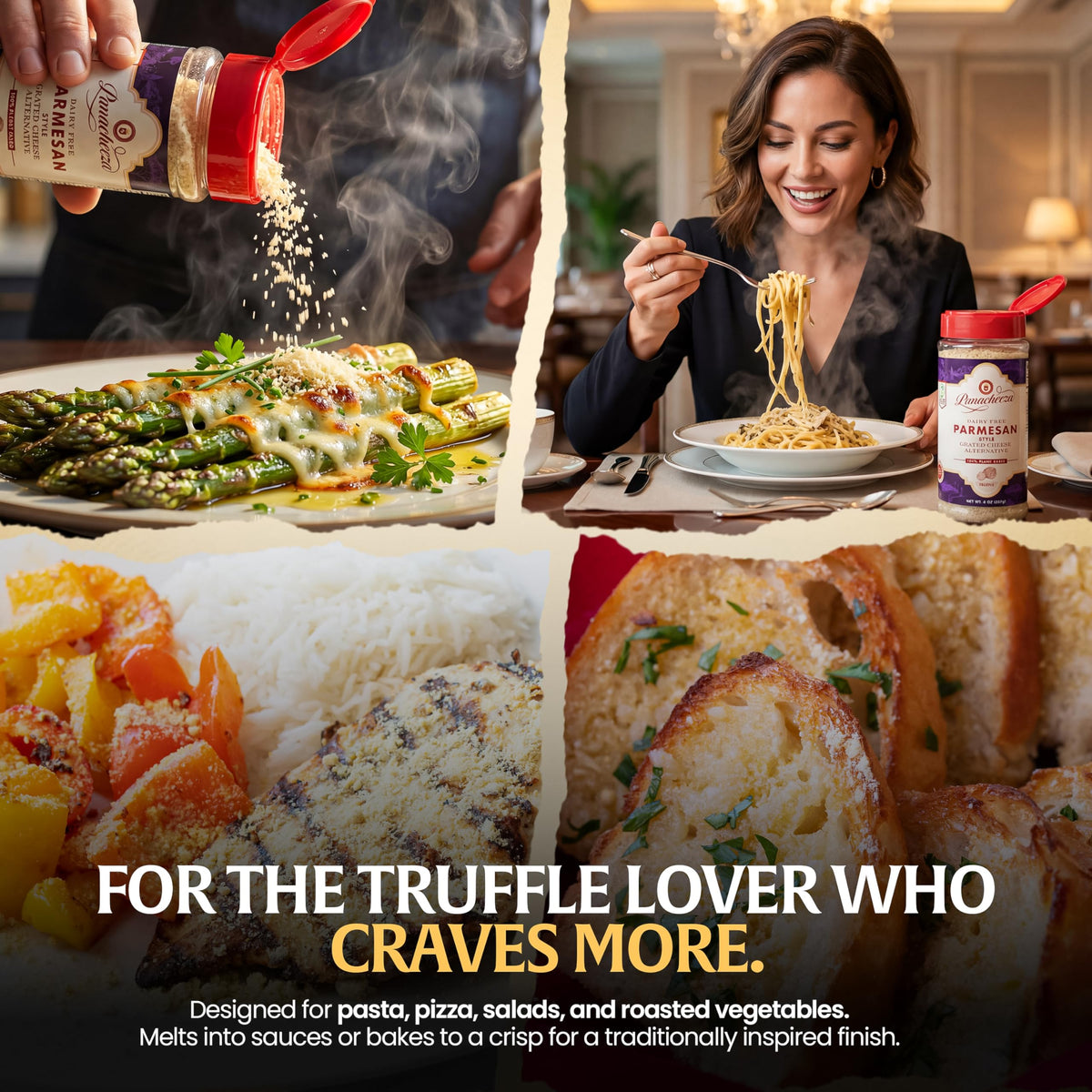 Panacheeza Truffle Parmesan on roasted vegetables for a rich finish.