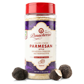 Panacheeza Truffle Parmesan packaging highlights a dairy-free vegan grated cheese option.