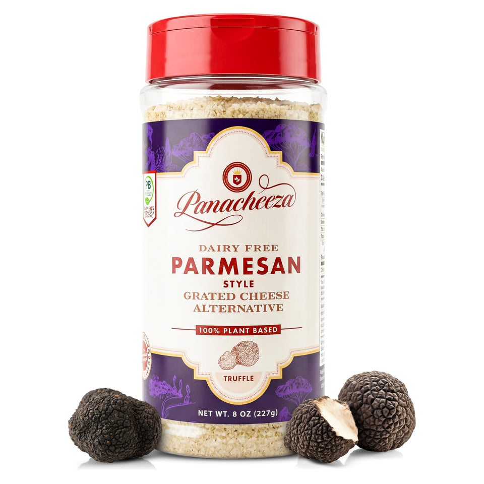 Panacheeza Truffle Parmesan packaging highlights a dairy-free vegan grated cheese option.