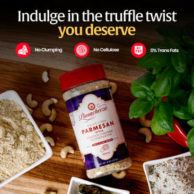 Shaker-dispense of Panacheeza Truffle Parmesan topping over pasta.