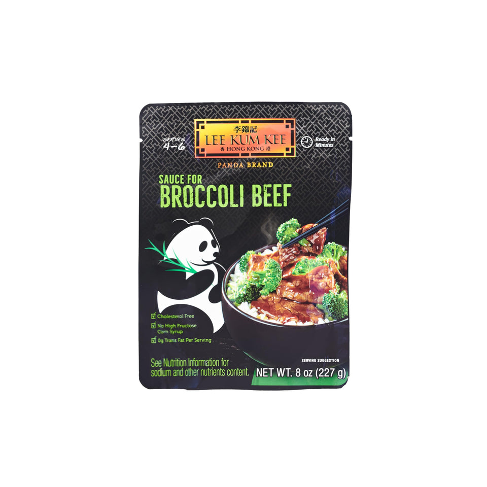 Panda Brand Sauce bottle for broccoli beef on shelf, flavor enhancer.