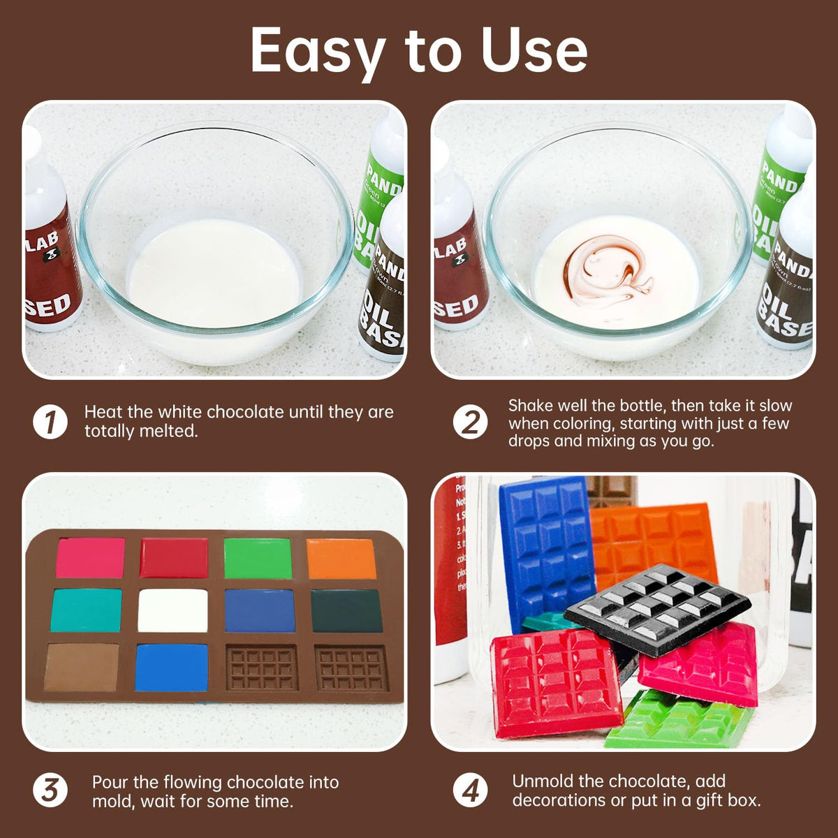 Pandalab brown oil-based coloring for frosting ensures consistent tones in buttercream and icing