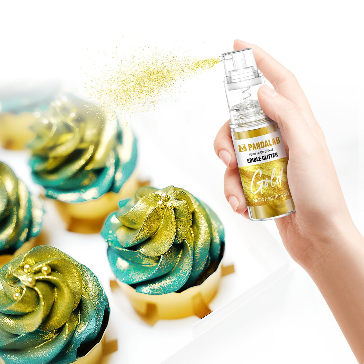 Pandalab edible glitter spray rose gold bottle creates festive party decor.