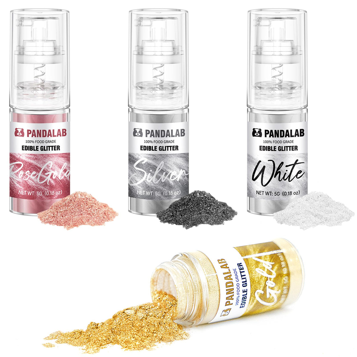 Pandalab edible glitter spray silver bottle enhances desserts with sparkle.