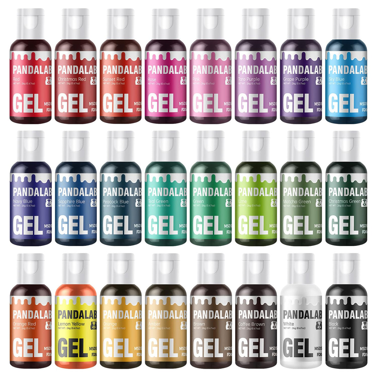 Pandalab gel color dyes in heat-stable dispensers for baking accuracy.