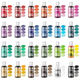 Pandalab gel coloring set close-up showing 24 vibrant jars for baking projects.