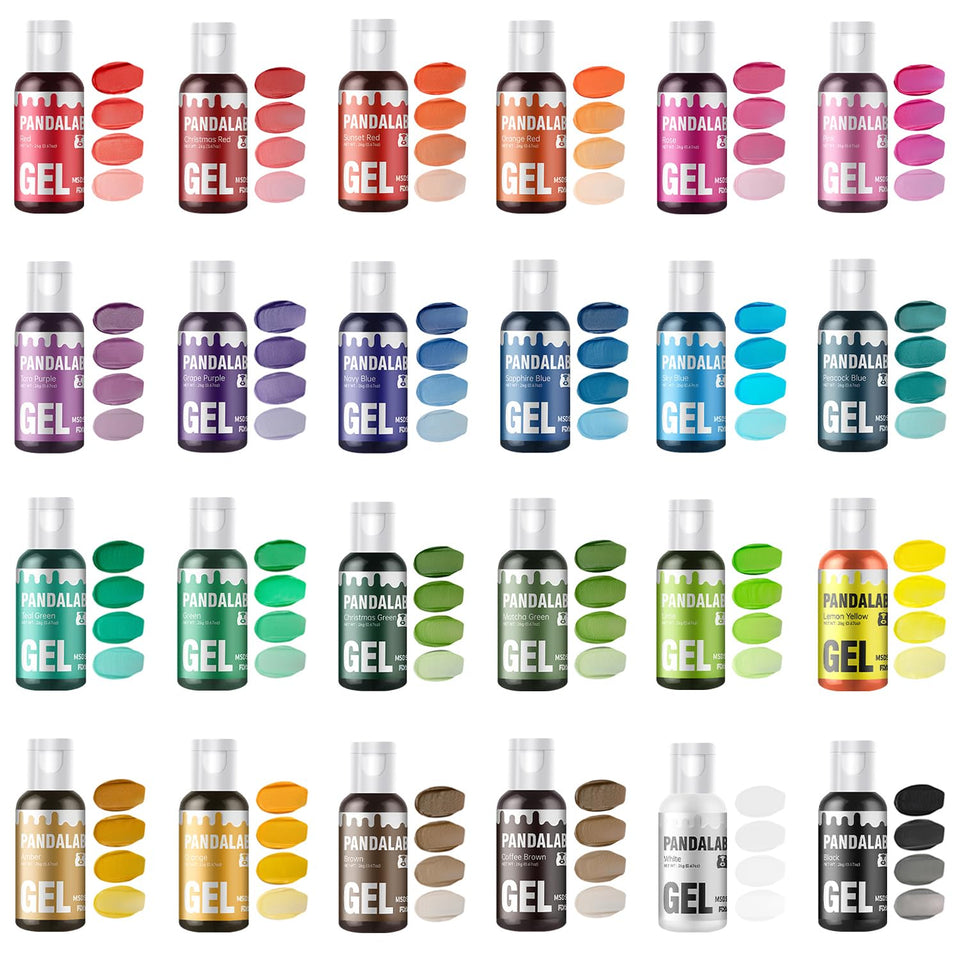 Pandalab gel coloring set close-up showing 24 vibrant jars for baking projects.
