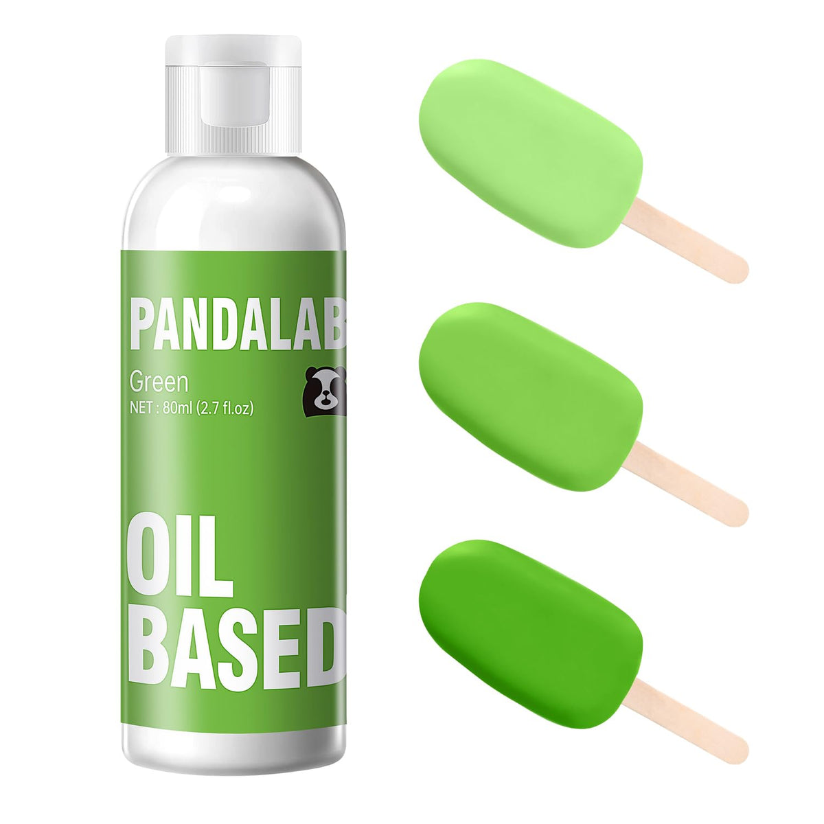 Pandalab green oil-based food coloring bottle pour for vibrant chocolate coating.
