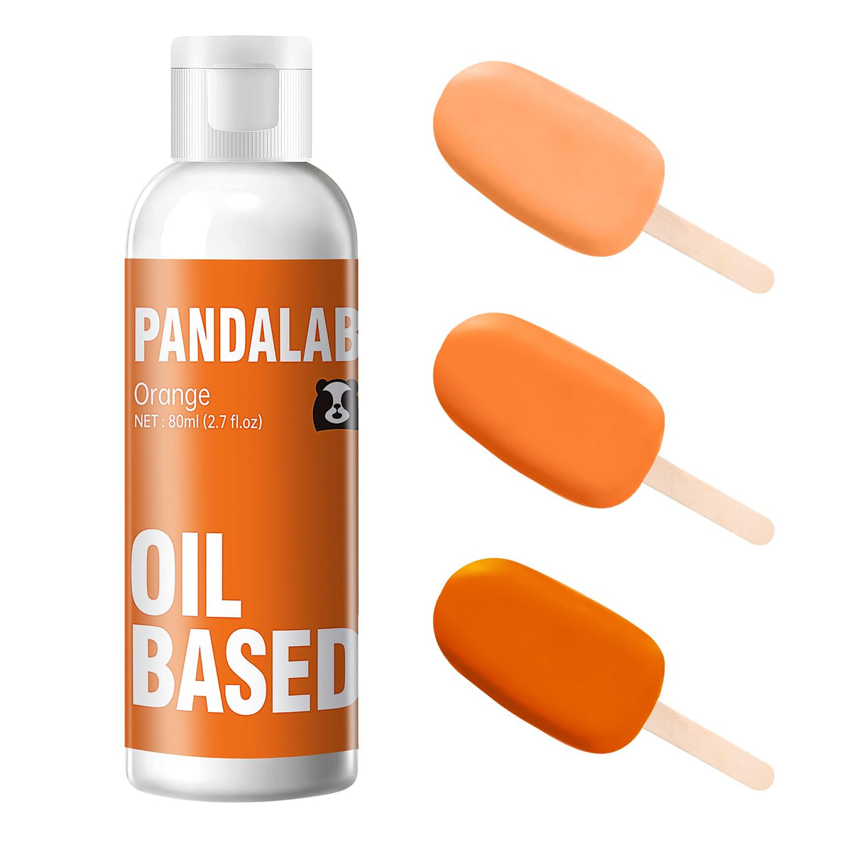 Pandalab orange oil-based color bottle pour for vibrant chocolate decorations.