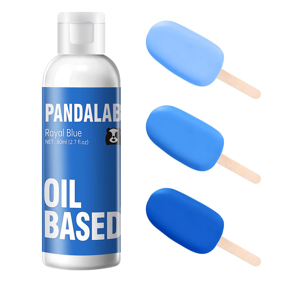 Pandalab royal blue oil-based coloring bottle shows vivid color for chocolate and frostings.