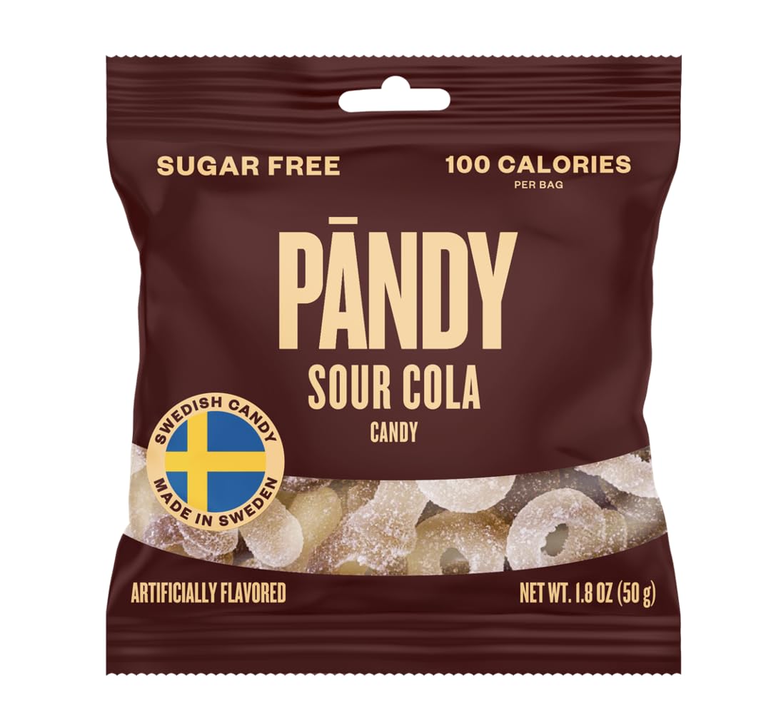 Pändy Sour Cola gummy travel bag back shows nutrition and eco packaging.