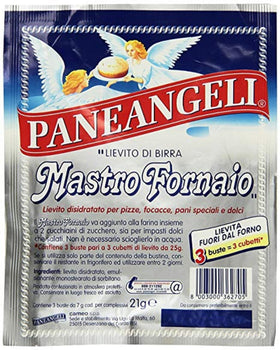 Paneangeli yeast packets 7g for quick activation in pizza or bread dough.