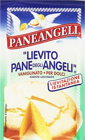 Paneangeli vanilla yeast packaging label outlines ingredients and usage for reliable cake results.