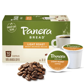 Panera Bread light roast coffee pod front view illustrates quick morning brew