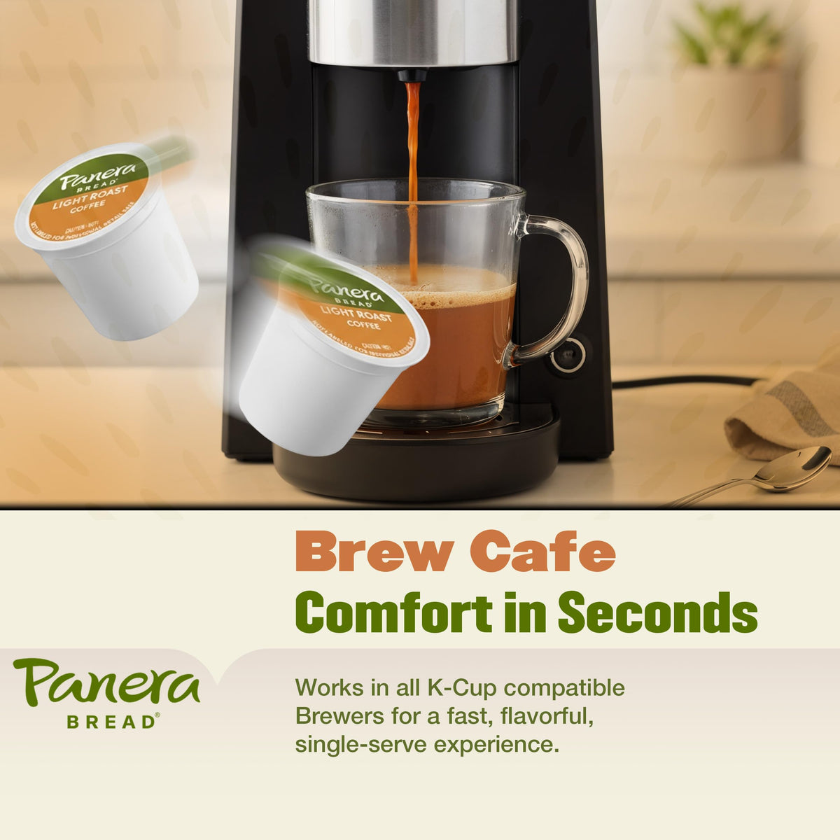 Panera Bread light roast pod on Keurig-compatible brewer for easy mornings