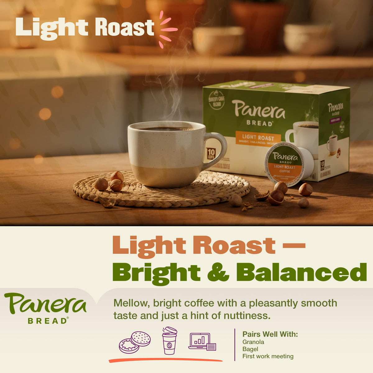 Panera Bread Light Roast pod packaging box highlighting convenience for home brewing.
