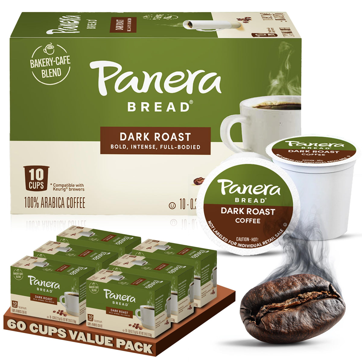 Panera Dark Roast coffee pods on the box front, ready for daily mornings.