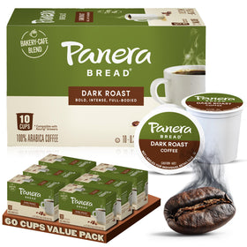 Panera Dark Roast coffee pods on the box front, ready for daily mornings.