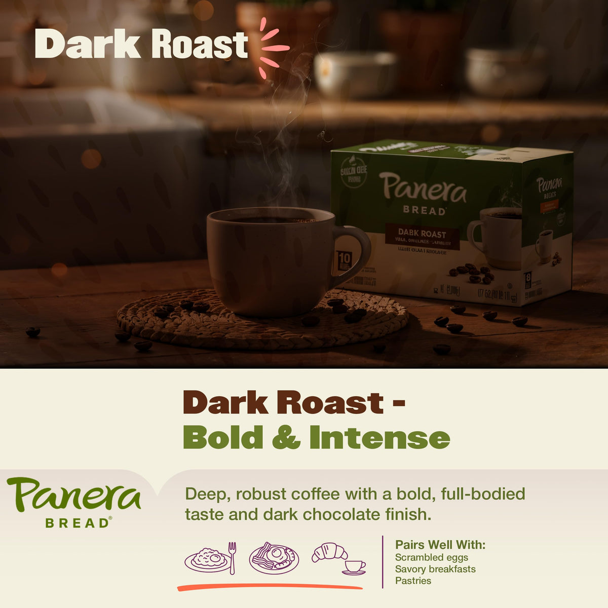 Panera Dark Roast pods, Keurig-compatible, for quick single-serve brew.