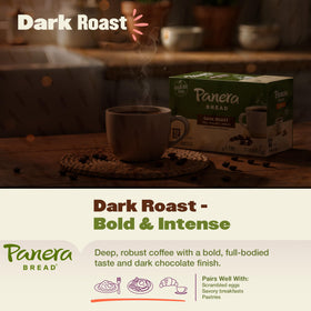 Panera Dark Roast pods, Keurig-compatible, for quick single-serve brew.