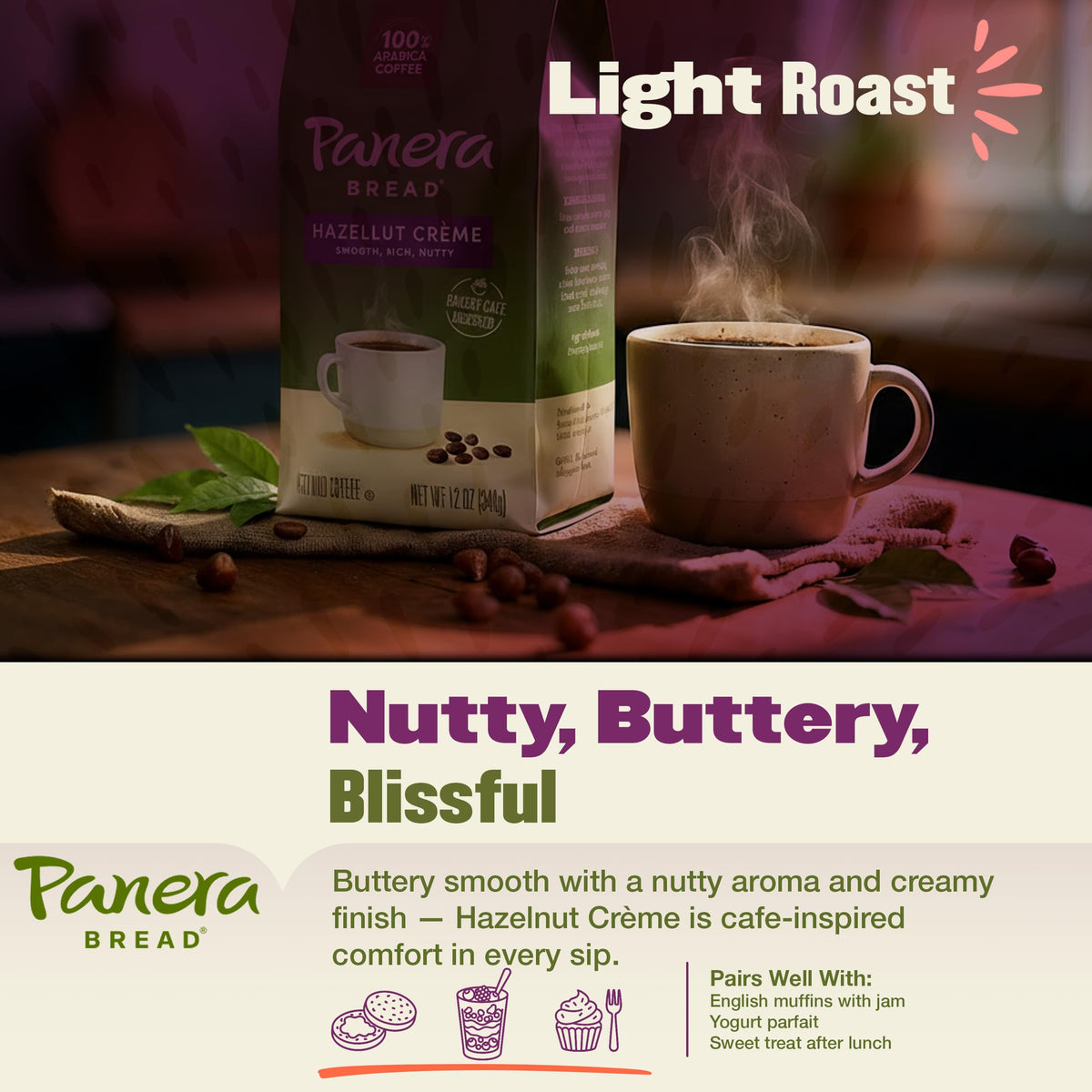 Close-up of Panera Hazelnut Crème coffee bag emphasizing premium beans.