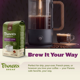 Steaming cup of Panera Hazelnut Crème during morning coffee moment.