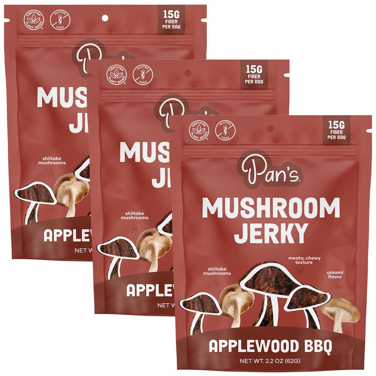 Pan's Mushroom Jerky Applewood BBQ pack-front, gluten-free, plant-based snack for on-the-go meals.