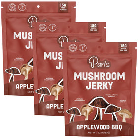 Pan's Mushroom Jerky Applewood BBQ pack-front, gluten-free, plant-based snack for on-the-go meals.