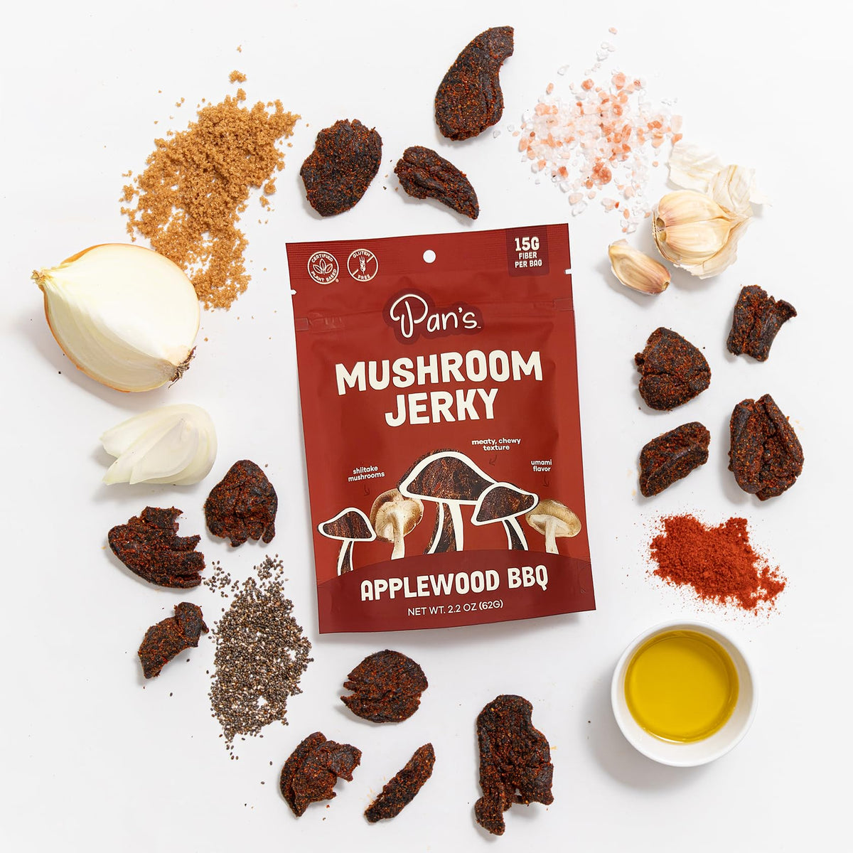 Pan's Mushroom Jerky gluten-free label shown, confirming allergy-conscious snack option.