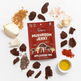 Pan's Mushroom Jerky gluten-free label shown, confirming allergy-conscious snack option.