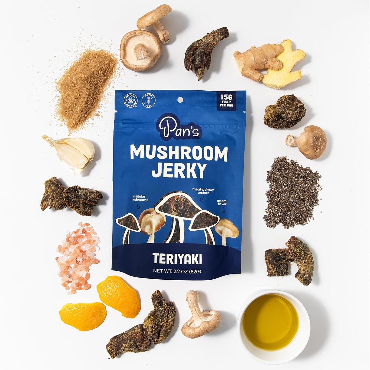 Pan's Mushroom Jerky shiitake close-up showcases umami-rich flavor