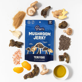 Pan's Mushroom Jerky shiitake close-up showcases umami-rich flavor