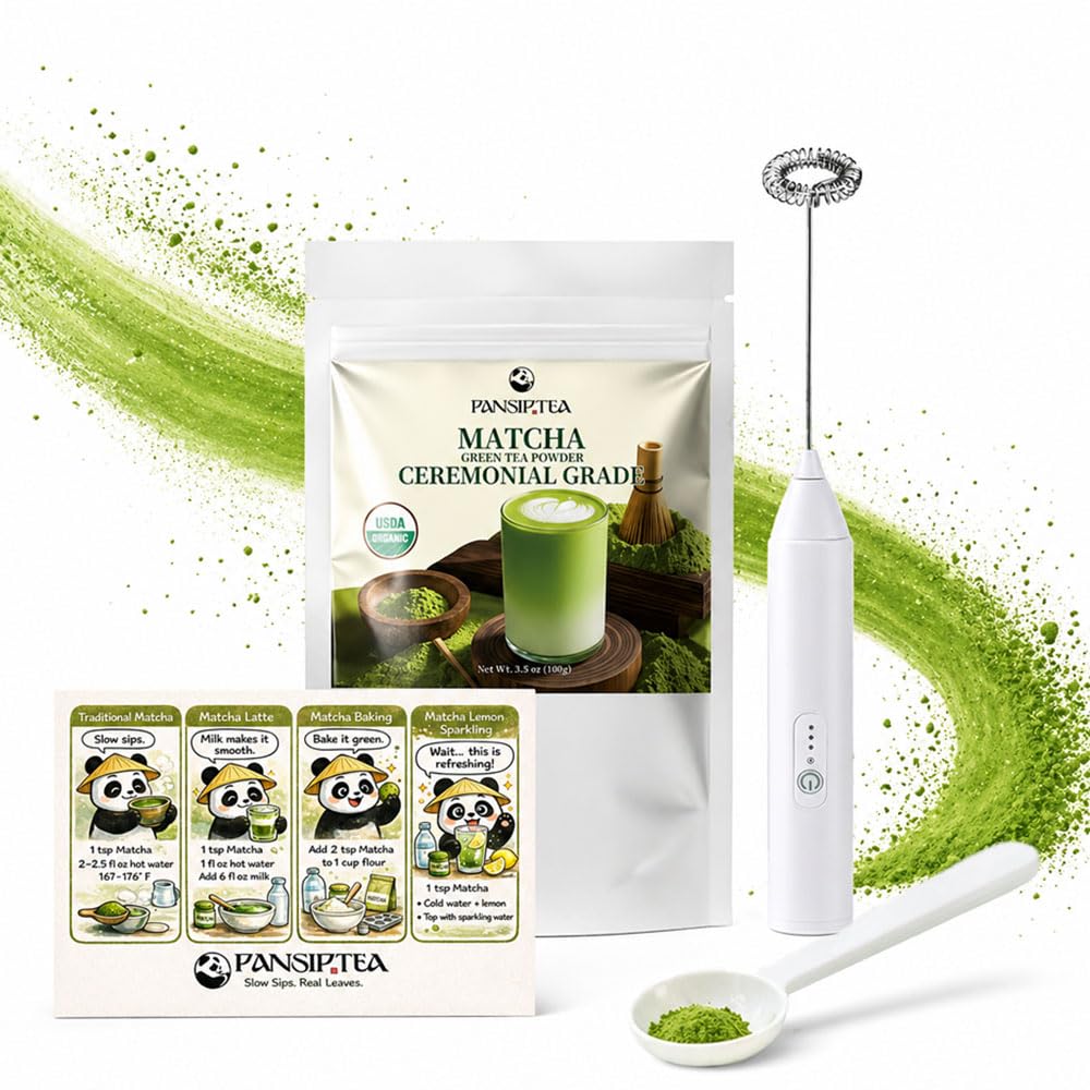 PANSIPTEATEA ceremonial-grade matcha powder jar with vivid color and fresh aroma for traditional whisking.