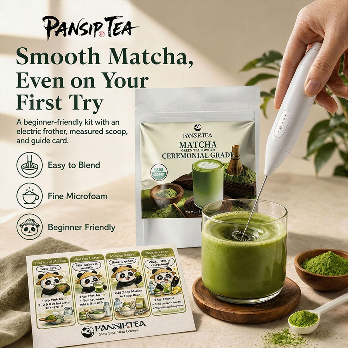 PANSIPTEATEA electric matcha frother for smooth, clump-free latte and beverage prep.