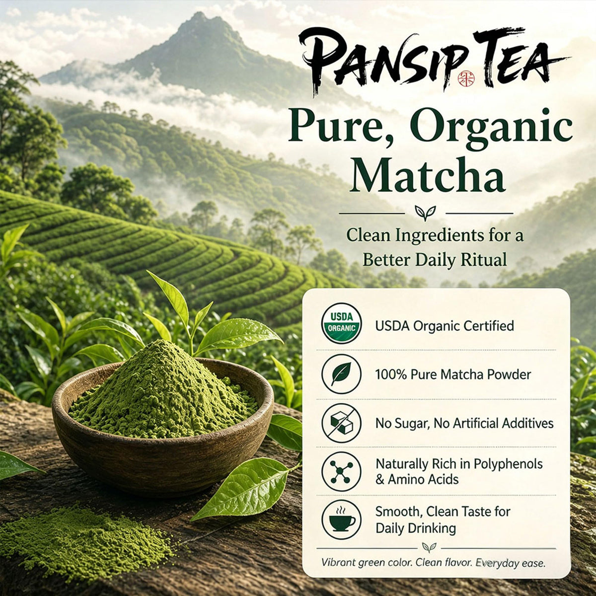 PANSIPTEATEA USDA organic certification badge highlighting clean, ingredient-transparent matcha.