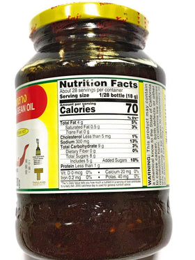 Pantai chili paste with soya bean oil label closeup, showcases heat and cooking versatility.